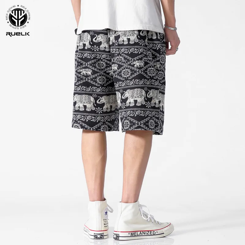 

RUELK 2019 Summer New Men's Bermuda Shorts Loose Straight Floral Hawaiian Casual Linen Short Pants Male Brand
