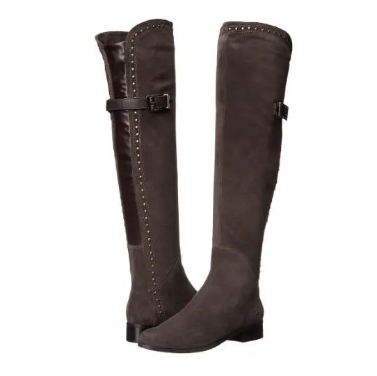 

Spring and autumn woman brown flat round toe long boots Ladies rivets splicing low heel knee-high long boots Knight boots