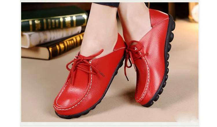 Genuine Leather Women's Casual Shoes Lace-Up Woman Loafers Moccasins Female Flats Solid Low Heel Lady Shoe Soft Women Footwear 34