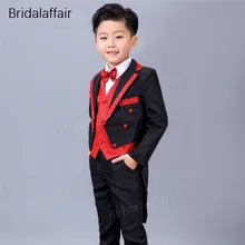 KUSON/черно-красные костюмы для мальчиков на свадьбу в английском стиле, Детские вечерние смокинги для выпускного вечера, комплект из 3 предметов, фрак(куртка+ штаны+ жилет