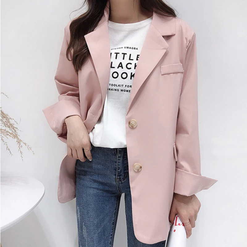 

2019 Solid Long Style Pink Women Jacket and Blazer Spring Female Notched Collar Single Button Chic Ladies Blazers Suit feminino