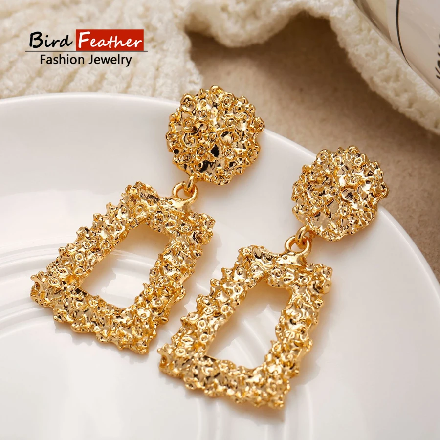 

Simple Trendy Gold Color Geometric Trapezoid sequins Earrings For Women Lady Fashion Large Hollow drop Earrings set Jewelry