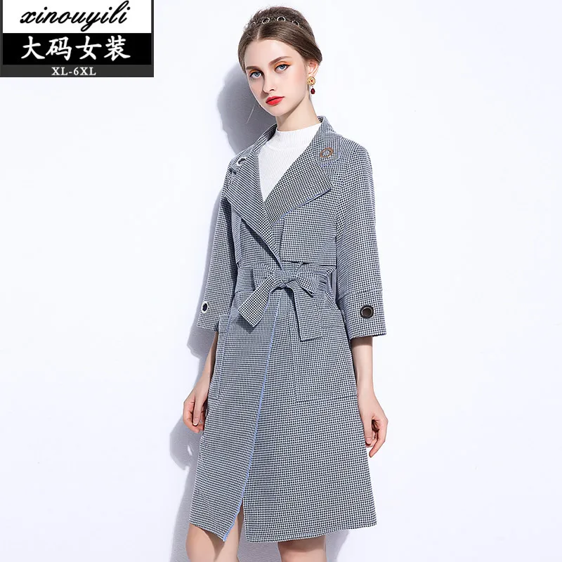 

Europe United States British Style Plaid Large Size Women's Windbreaker Long 2017 Autumn New Cloak Tie Bow Women Winter Coat
