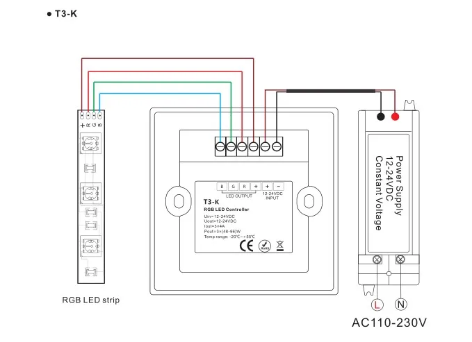 Модель #: T3-K; 3 канала/RGB цвет led ручка панели Тип контроллера; 12-24VDC вход; 4A * 3CH выход