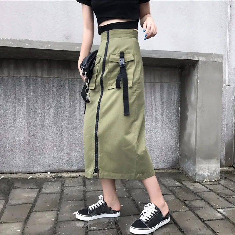 TWOTWINSTYLE армейская зеленая юбка высокая талия молния большой карман Лоскутная
