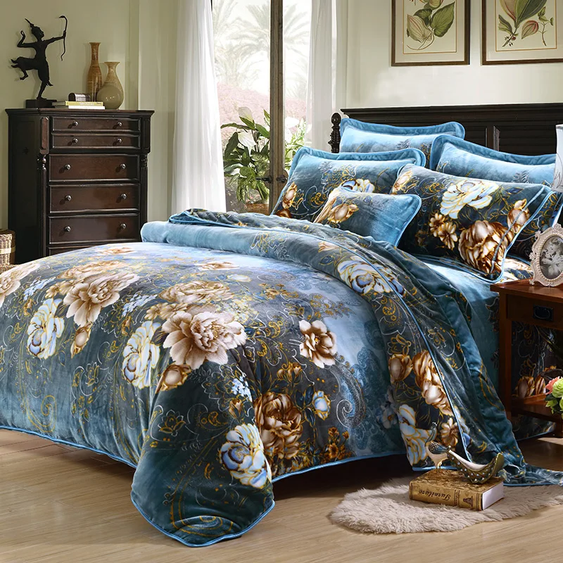Fleece fabric Winter Thick Duvet cover sets blue Queen King size Warm