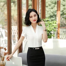 Модные элегантные белые деловые костюмы с v-образным вырезом, с юбкой и топами, комплекты, блузка и рубашки, Офисная Женская спецодежда, Стильные комплекты