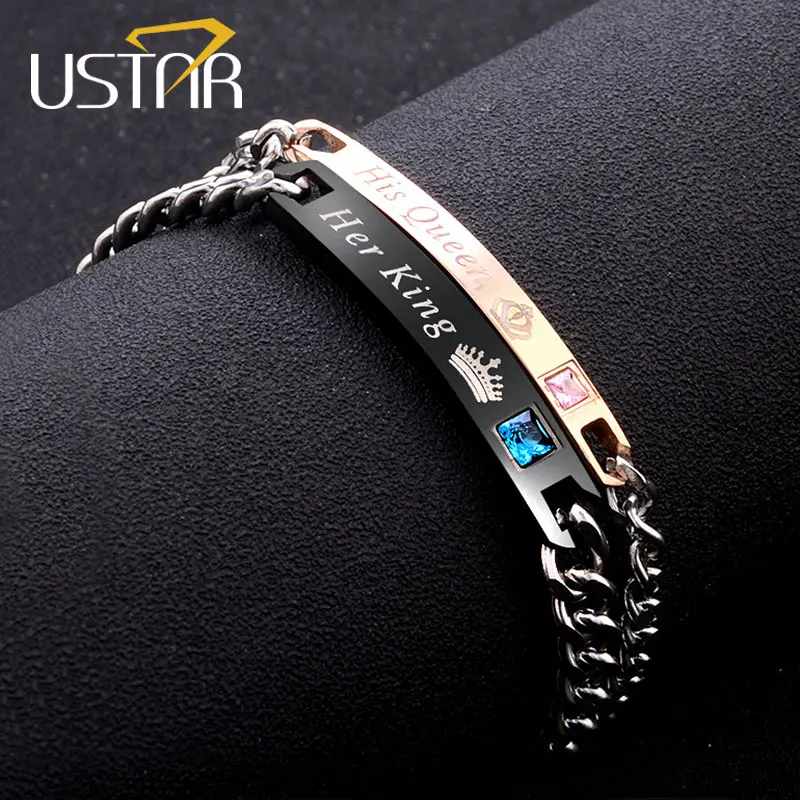 

USTAR "Her King His Queen" letter Lovers' bracelet for women men jewelry chain link Crown men Bracelet bangle femme party gifts