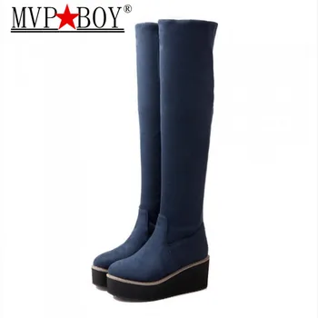 

MVP BOY 2018 New Fall fashion elastic knee boots Female platform boots Large size shoes women Motorcycle boots Black Blue Red