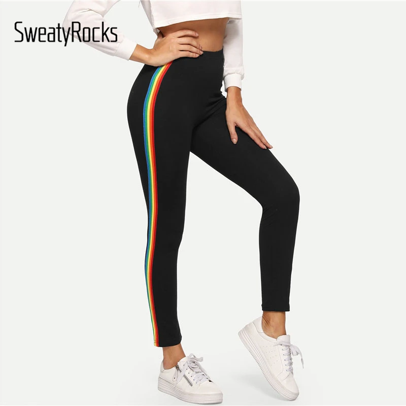 SweatyRocks, фитнес, черные, радужные, по бокам, обтягивающие леггинсы, эластичная талия, женские эластичные штаны для тренировок,, Осенние, повседневные Леггинсы