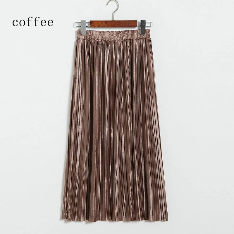 Серебристая Золотая плиссированная юбка женская винтажная юбка с высокой талией зимняя длинная теплая юбка новая модная металлическая юбка для женщин - Цвет: coffee