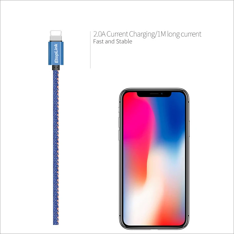 EtopLink نوع C USB C الدنيم البيانات كابل يو اس بي كابل شحن Usb تمديد شاحن المصغّر usb كابل سريع مستقرة 2.0A الأزرق والأحمر 1 m 2 m