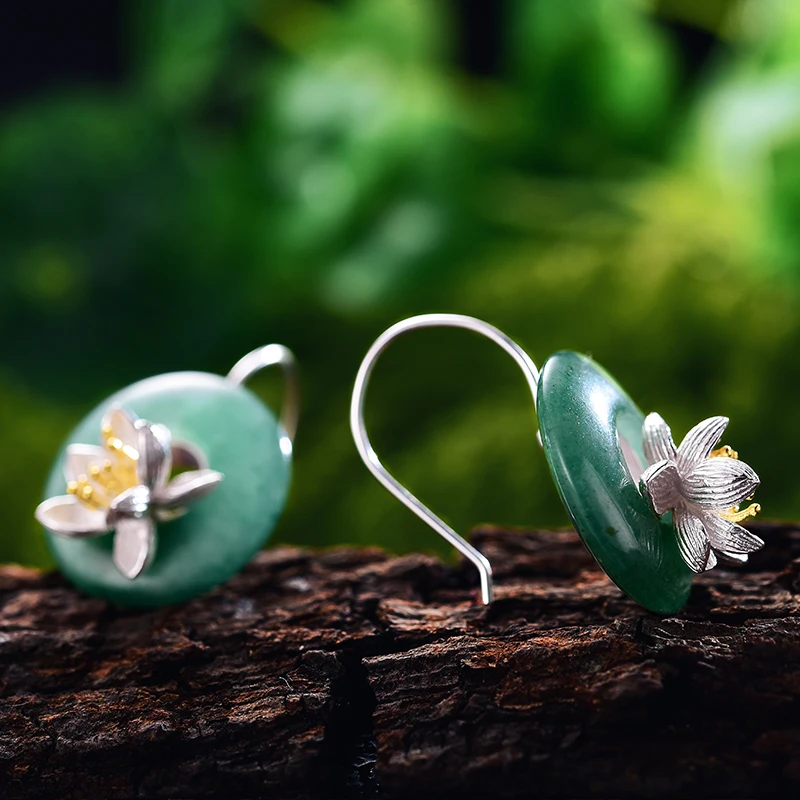 Lotus Fun Genuine 925 Sterling Silver Earrings for Women Round Green Aventurine Flower Hook Drop Earring valentines day gift