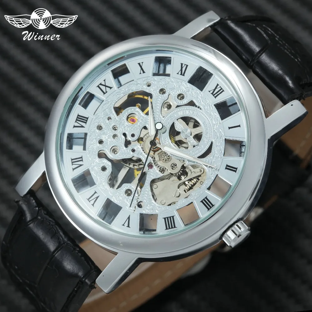 

2018 WINNER Noble Men Mechanical Wrist Watch Leather Band Oversize Skeleton Dial Roman Number Design Hand-wind Watch+ GIFT BOX