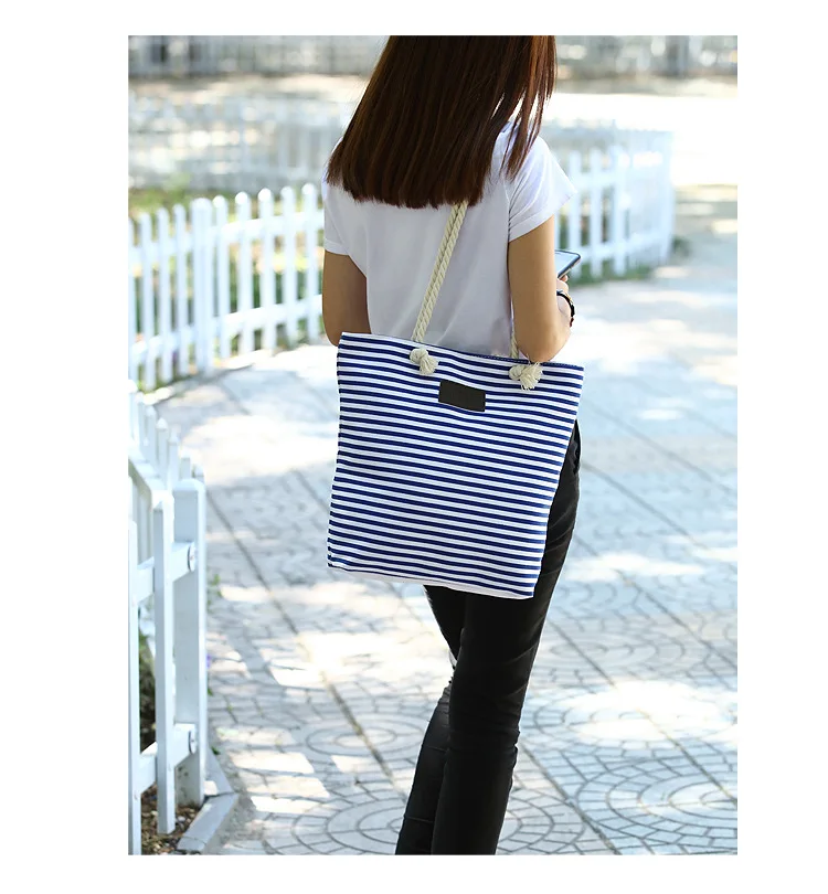 ZYJ Female Striped Canvas Shoulder Casual Tote Bag Pack Drawstring Hemp Rope Handbag Shopping Hand Bucket Grocery Beach Bag (14)
