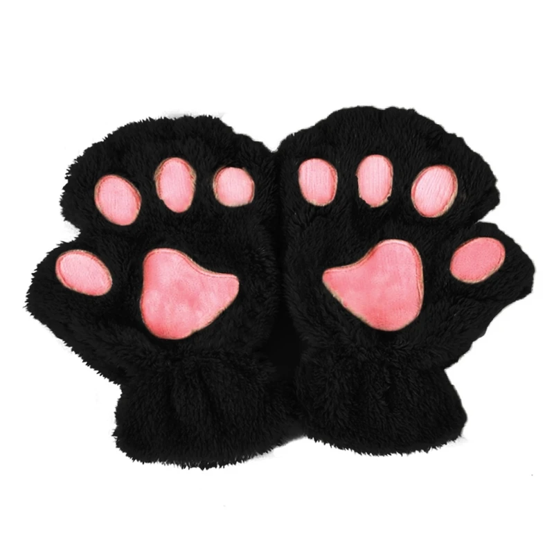 Зимние милые женские медвежьи кошачья лапа с когтями, рукавицы, плюшевые перчатки, короткие перчатки на палец, женские полуперчатки, женские перчатки, 14 цветов - Цвет: Astyle Black