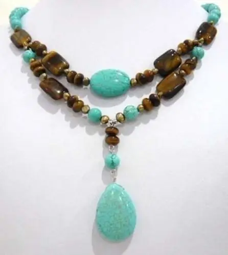 

shipping Lovely! 2Strds Brown Pearl &Blue Turkey Turquoise&Tiger's Eye Necklace