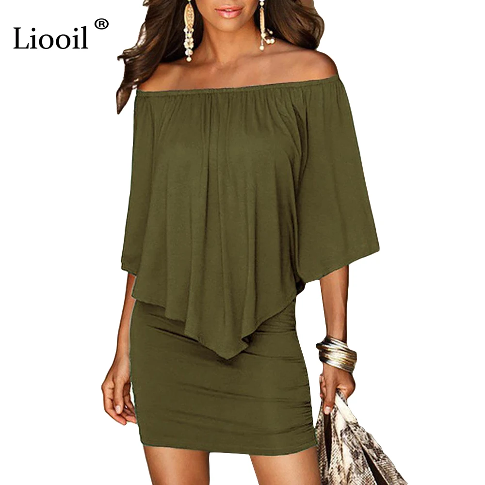 Army Green Slash Neck Women Mini Dress Autumn Style Off Shoulder Sexy Dresses Vestidos Black White