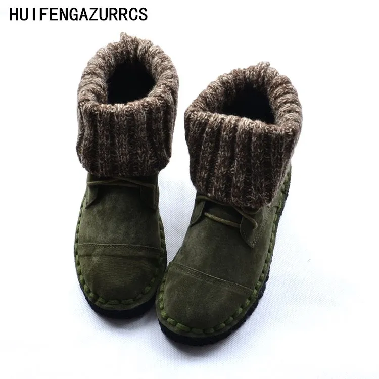 Baratos HUIFENGAZURRCS nuevas botas de cuero real, botas cómodas de suela suave para mujer, suéteres hechas a mano botas de viento Martin