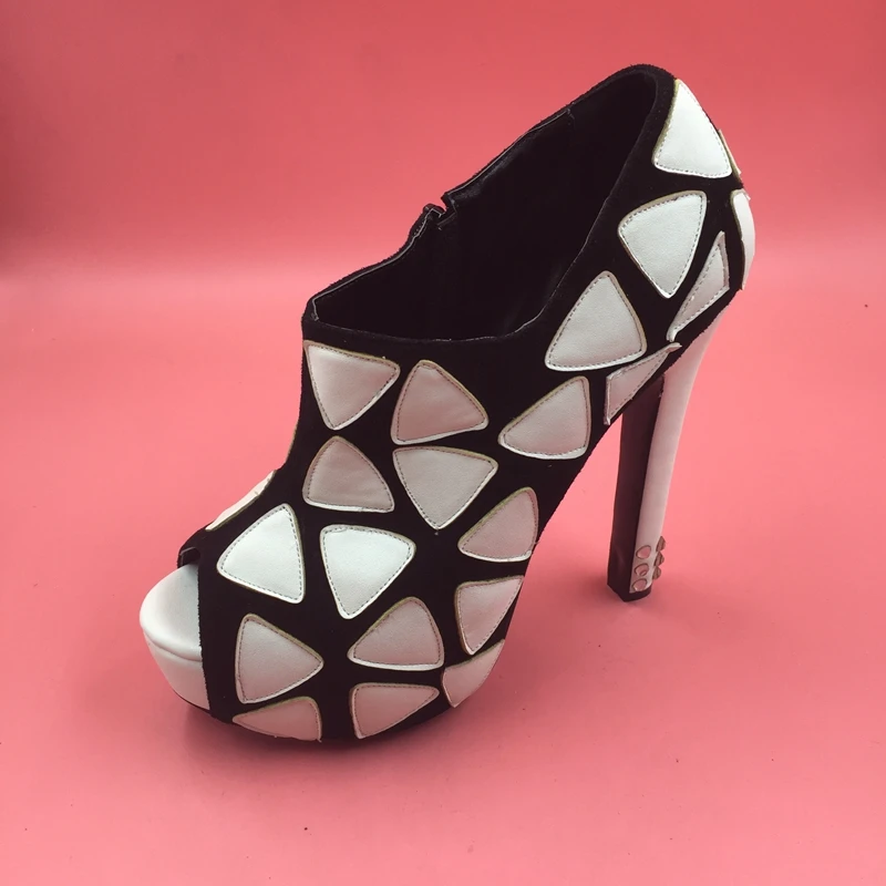 Black and White Geometric Triangle Women Pump Shoes Plus Size 43 High Heels Platform Pumps Patent Thick Heels Real Photos