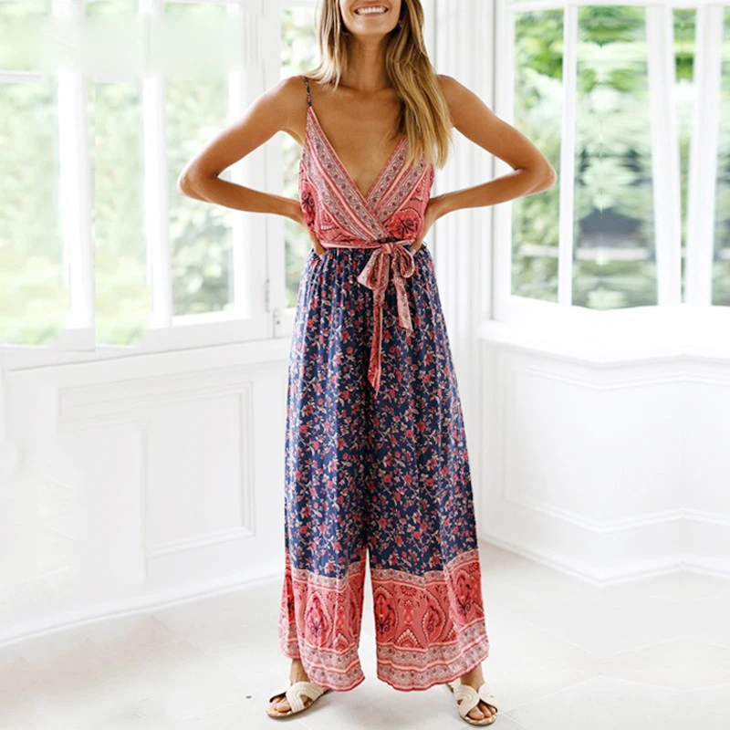 Women-Flora-Printed-Plunge-V-neck-Spaghetti-Strap-Wrap-Belt-Bohemian-Jumpsuits-Loose-Casual-Summer-Beach