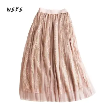 

Wsfs Summer Mesh Ball Gown Pleated Skirt Pink Gray Elastic Waist Long Lace Skirts Womens Bandage Sequined Party Lady Midi Skirt