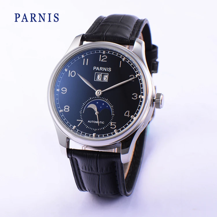 42mm Parnis Automatic Power Reserve Men's Watch Black Dial Silver Numbers PA4002 Mechanical Wristwatch Moon Phase Auto Date