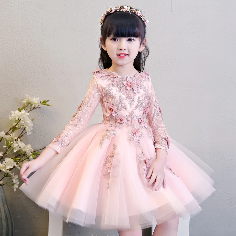 

Long Sleeve Pink Appliques Princess Style Flower Girl Dresses for Wedding Ball Gown Kids Pageant Dress Birthday Show Costume B83