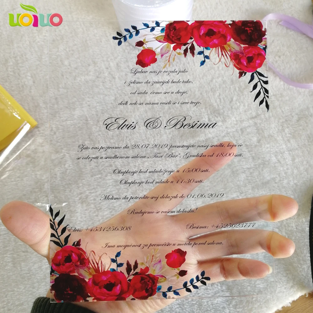 Роскошная цветная печать на заказ прозрачное акриловое приглашение на свадьбу пригласительная открытка с бордово-красным цветком