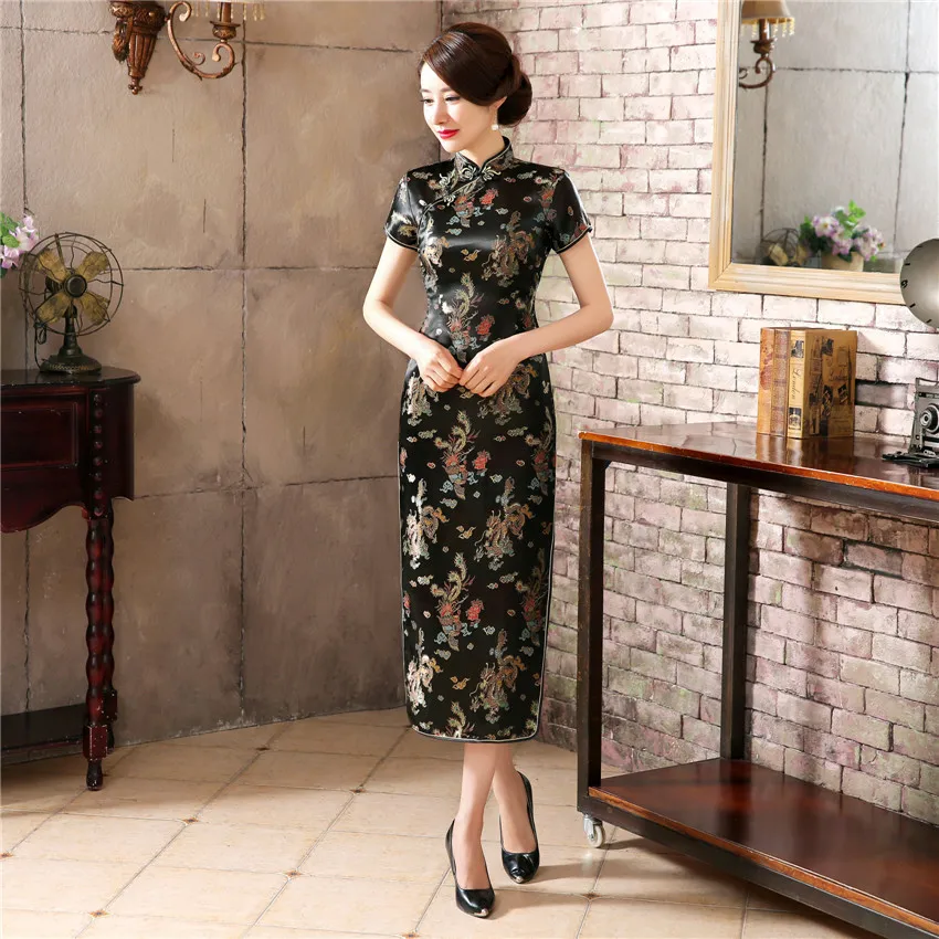 Китайский народный стиль платье Чонсам с длинными рукавами платье представление сцены красное китайское платье с длинными рукавами платье - Цвет: Black