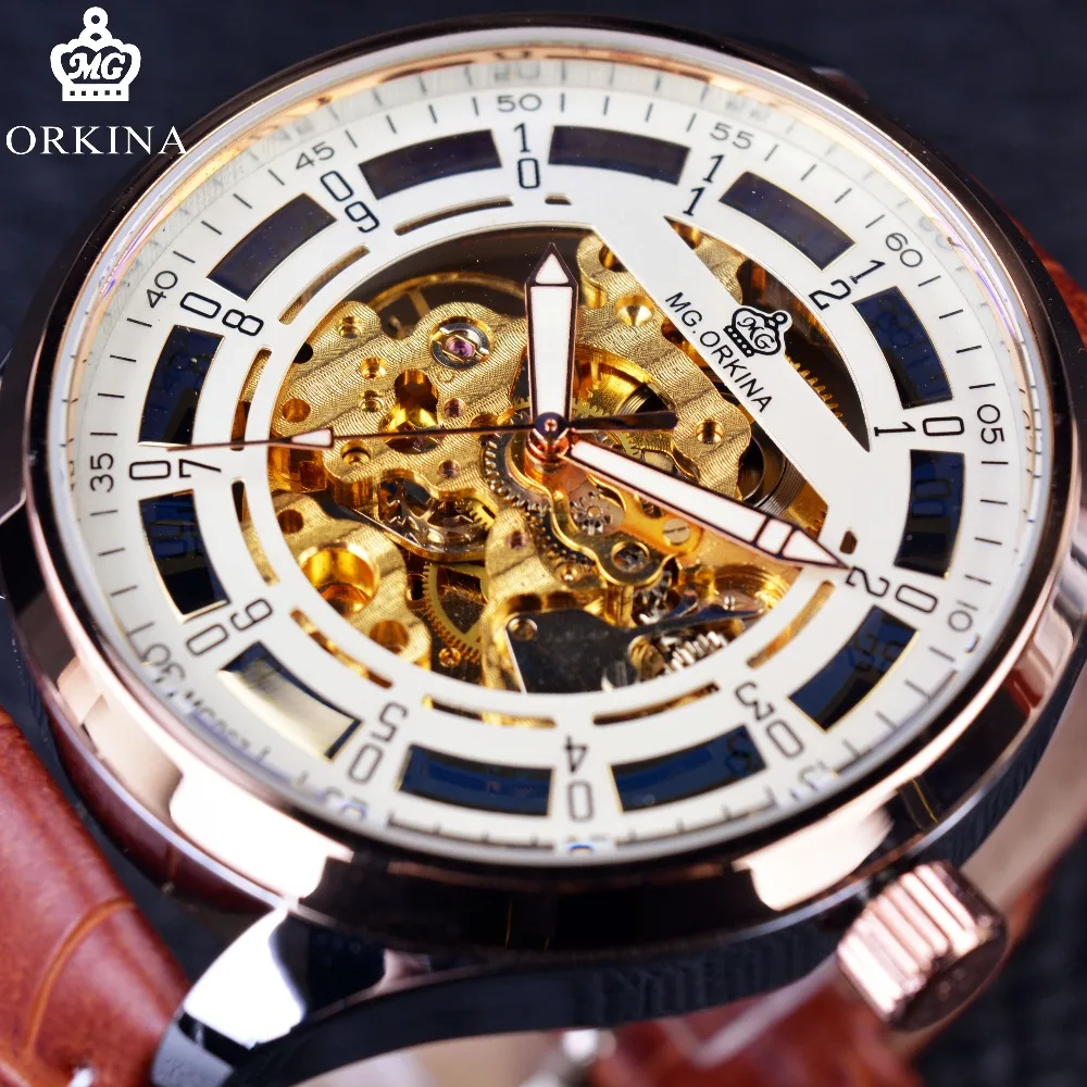 Orkina Golden Movement Inside Rose Gold Case Mens Watches Top Brand