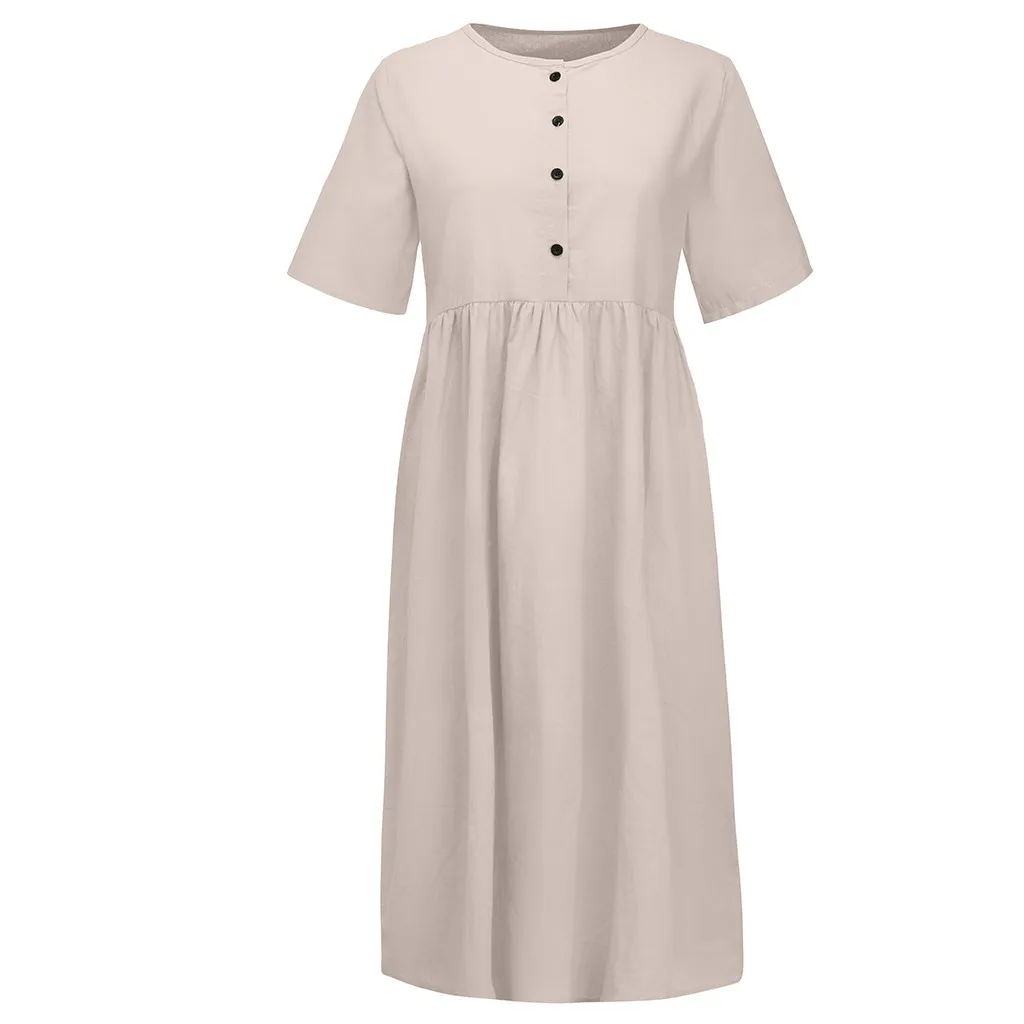 

Summer Women's dress solid O-Neck sundress Button Pure Color Short Sleeve Cotton And Linen Easy loose Dress l0429