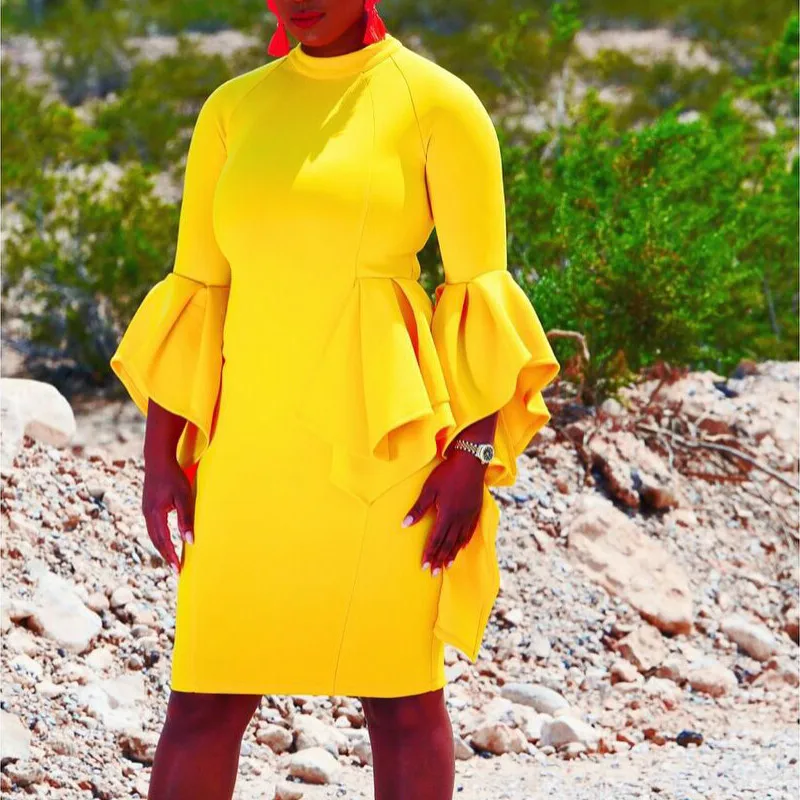 

Dress Women Slim Elegant Yellow Flare Sleeves Ruffles O Neck Modest Ladies Solid Classy Robes Tunics Female Plus Size XXL Summer