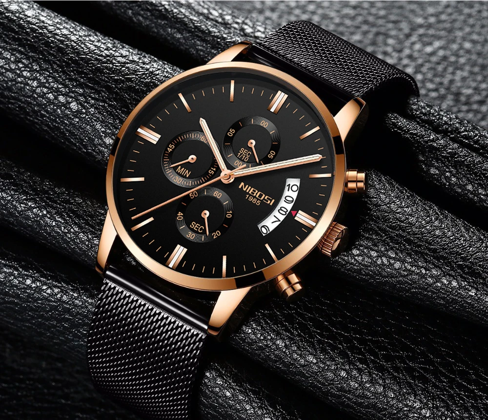 

2309 NIBOSI Relogio Men's Watch Fashion Casual Stainless Steel Mesh Strap Chronograph Quartz Wristwatches