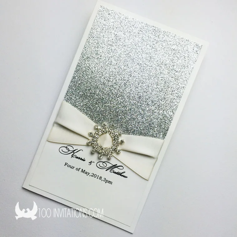 Silver Glitter Wedding Invitations Vertical Side Fold Silver Glitter Wedding Invitations Vertical Side Fold With Rhinestone Embellishment In Cards From Home Garden On