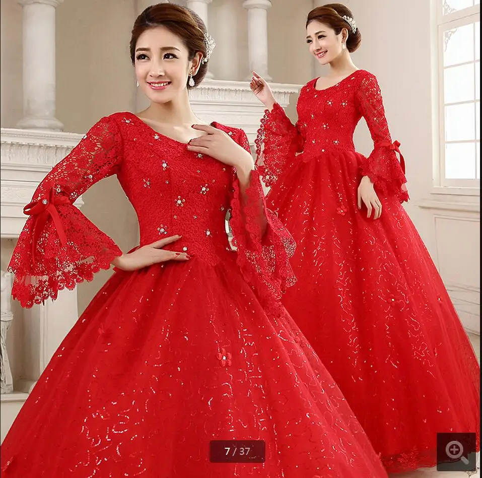 

Vestido De Noiva ball gown red 3/4 sleeve wedding dress lace beaded bridal gowns princess formal muslim bride dress