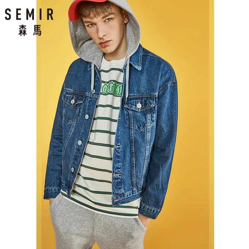 SEMIR Women Hooded Oversized Denim Jacket with Destruction Women's Boyfriend Denim Jacket with Chest Pocket and Slant Pocket