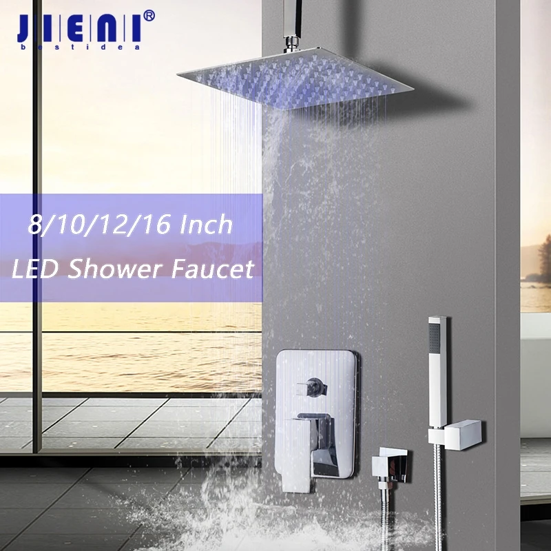 JIENI 8 10 12 16 LED Stainless Steel Shower Head Rainfall BathroomShower Set Ceiling Mounted Valve Mixer Faucet | Обустройство дома