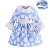 Pettigirl 2017New Autumn Girl Dress Flower Printing With Sash and Big Bowknot Round Neck Casual Wear