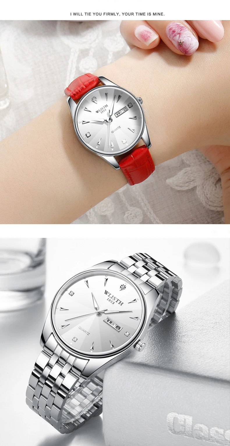 Парные кварцевые наручные часы, стальные водонепроницаемые светящиеся часы, календарь даты, мужские часы, женские часы для влюбленных, модные кварцевые часы