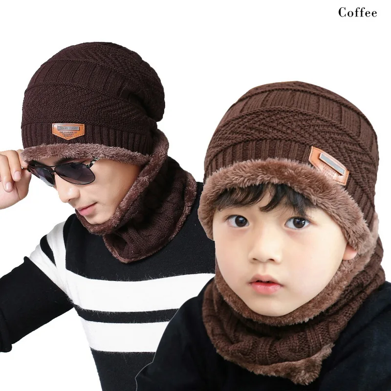 Boys Kids Winter Knitted Hat Scarf Set Beanies Dad Baby 2018 Thick Warm