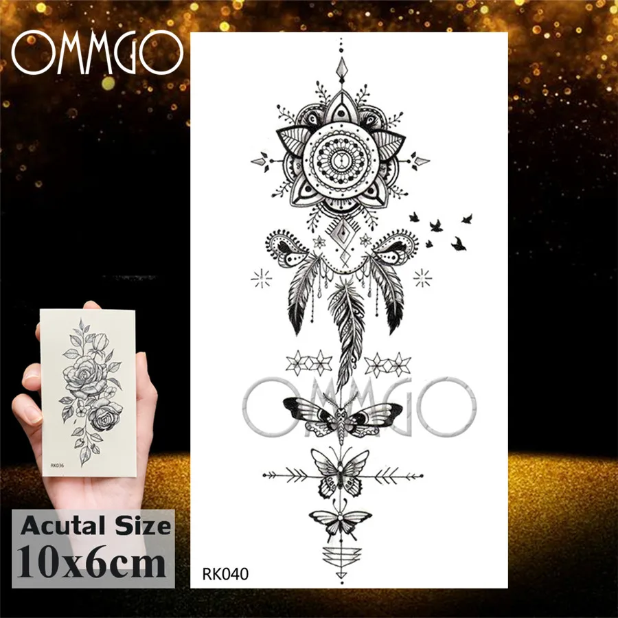 OMMGO черная бабочка Ловец снов перо кулон Временные переводные наклейки-тату девушка грудь поддельные татуировки на заказ боди-арт Tatto