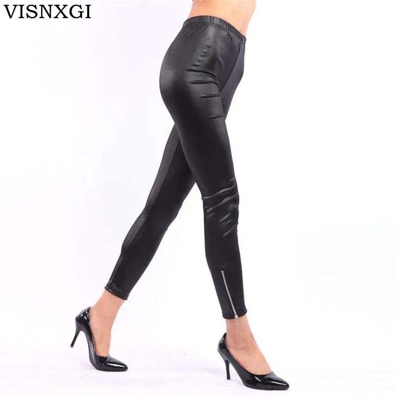 Ms autumn women man-made leather pants zipper seam elastic pencil pants tights Freeshipping