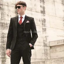 Индивидуальный заказ одна кнопка черный полосатый смокинг жениха шафер жених мужские свадебные костюмы жениха(куртка+ брюки+ галстук+ жилет