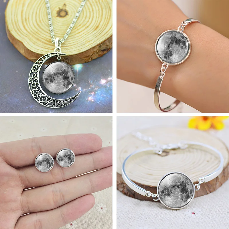 LIEBE ENGEL Newest Silver Color Jewelry Glass Galaxy Jewelry Sets Statement Necklace Stud Earrings Bangles Bracelets For Women 13