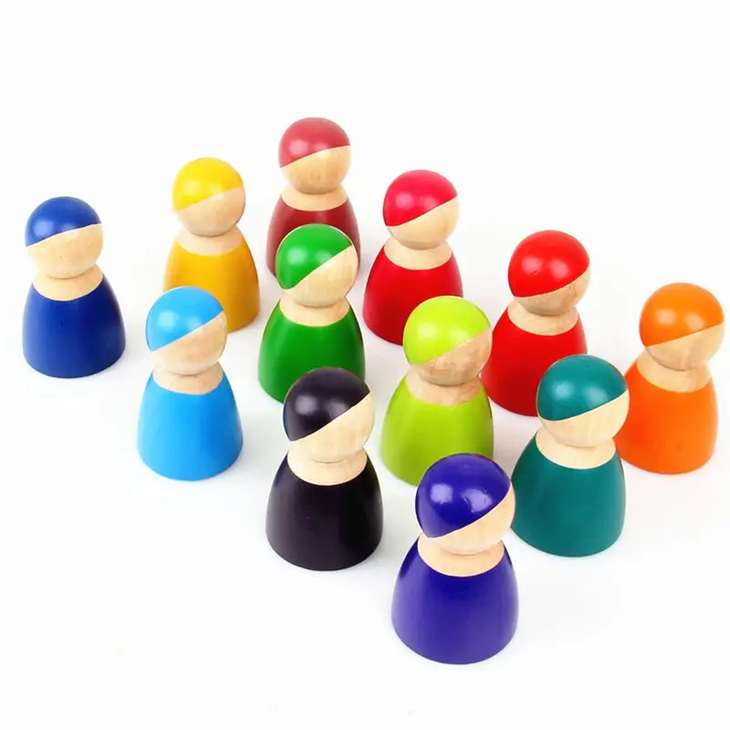 Монтессори набор из 12 радужных друзей колышки для кукол деревянные ролевые игры люди фигурки Детские игрушки экологическая безопасная краска