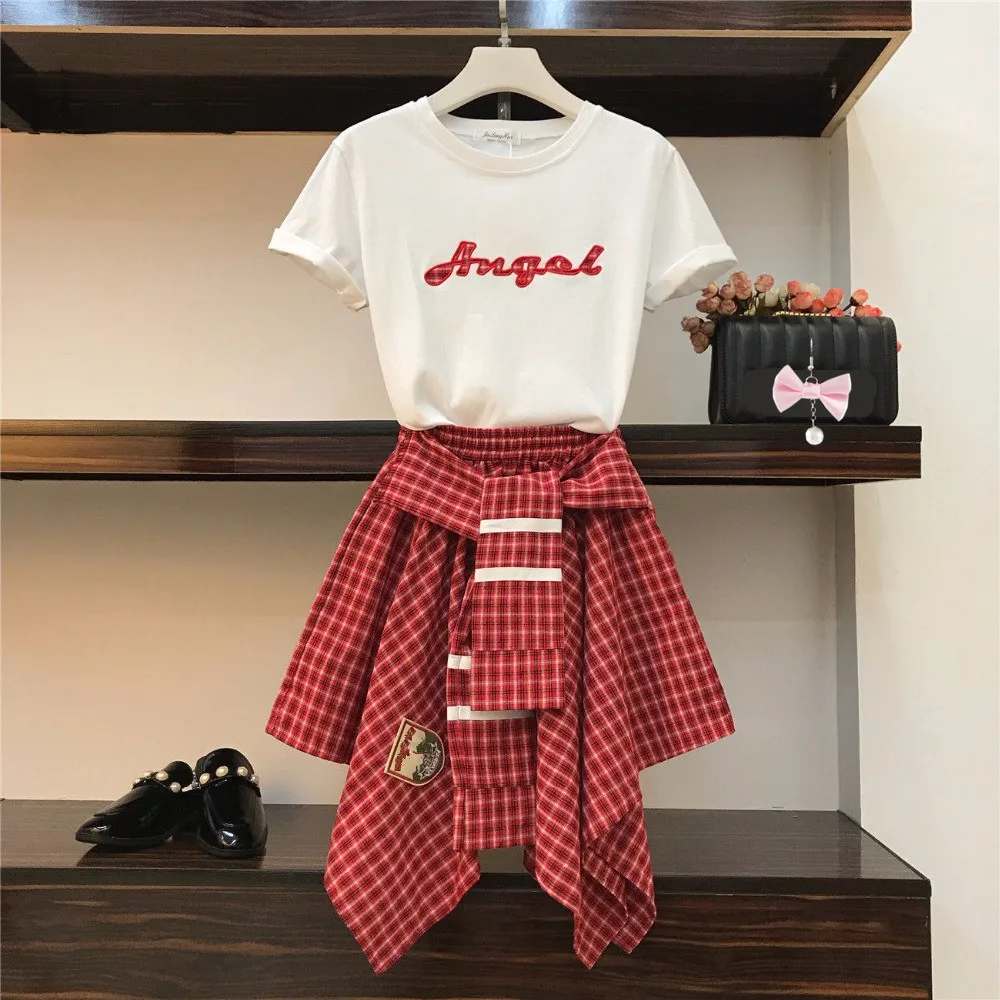 2018-Summer-Women-Letter-Print-T-shirt-Unique-Plaid-Irregular-Skirt-2-pcs-sets-A487_