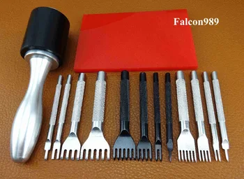 

14pc Leather Craft Stitching Sewing Hammer Pro Line Lacing Chisel Hole Punch Tool Set - Edger Creaser Groover Skiver Beveler Awl