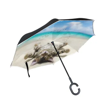 

A Cat Lying On Beach Printed Reverse Umbrella Creative Modern Upside Down Reverse Umbrella C-Handle Double Layer Inside-Out