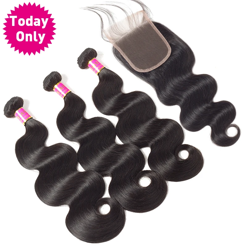 [TODAY ONLY] Peruvian Body Wave 3 Bundles With Closure Remy Human Hair Bundles With Closure Peruvian Hair Bundles With Closure